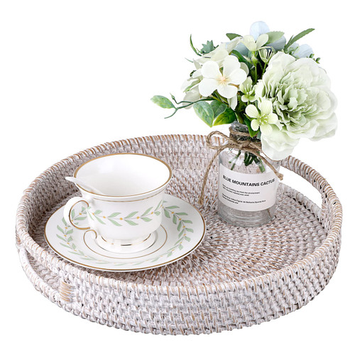 Hipiwe Round Rattan Serving Tray with Handles Hand-Woven Wicker Tray Decorative Candle Organizer Tray for Storage Breakfast Drinks Snack, Coffee Table Centerpiece Basket Tray Large