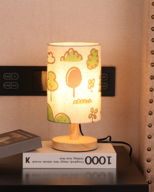 Lanmonlily Bedside Lamp with Round Embossed Linen Lampshade, Solid Wood Base Table Lamp, Suitable for Living Room, Dormitory, Home Office (Including LED Bulb)