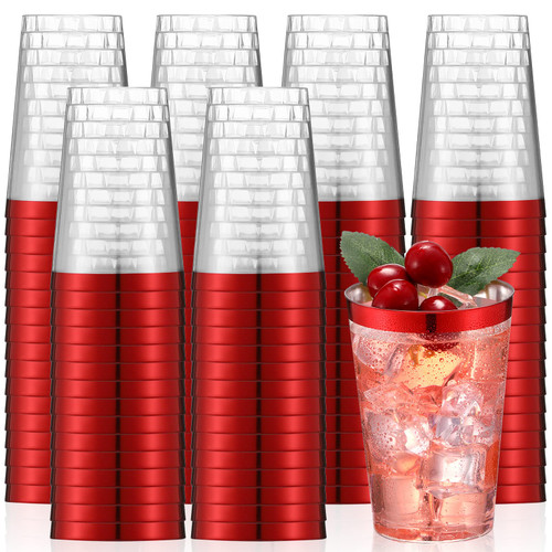 100 Pcs 12oz Plastic Cups Disposable Cups 12 oz Plastic Glasses Clear Plastic Tumblers with Rim for Birthday Wedding Party Elegant Wine Coffee Cocktail Cups (Red)