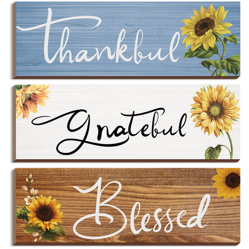 3 Pcs Sunflower Gifts Farmhouse Wall Decor Thankful Grateful Blessed Wooden Signs Lemon Hanging Wall Signs Rustic Sunflower Kitchen Decor for Farmhouse Outdoor Summer(White, Blue, Brown,Sunflower)