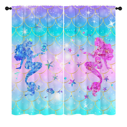 KKH Mermaid Scales Curtains, Window Blackout Curtains Home Decor Magical Colorful Ombre Beauty Mermaid Fish Scale Rod Pocket Window Curtain for Bedroom Living Room 42X45 Inch