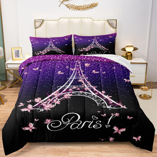 BDUCOK Eiffel Tower Comforter Set Twin Size Paris Bedding for Kids Girls Gradient Sky Comforter Set Romantic Theme Decor Adult Women Bedroom Decor(Paris Eiffel-Sets3008-Twin)
