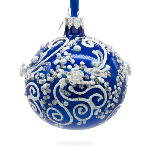 Snow Swirls on Blue Glass Ball Christmas Ornament 3.25 Inches