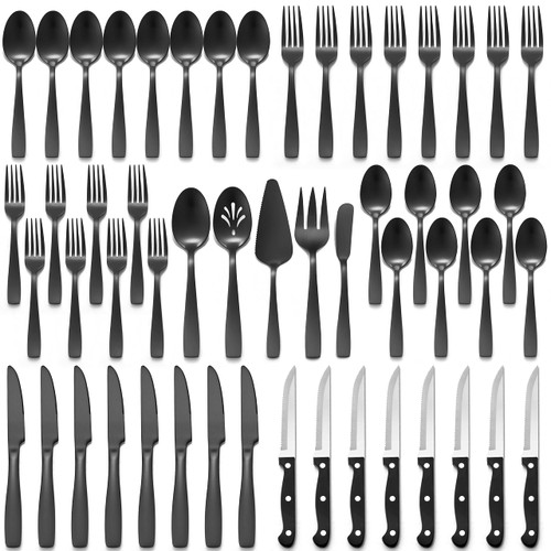 53 Pieces Black Silverware Set with Steak Knives and Serving Utensils, HaWare Stainless Steel Flatware Cutlery Set for 8, Fancy Tableware for Home Restaurant Kitchen, Mirror Polished, Dishwasher Safe