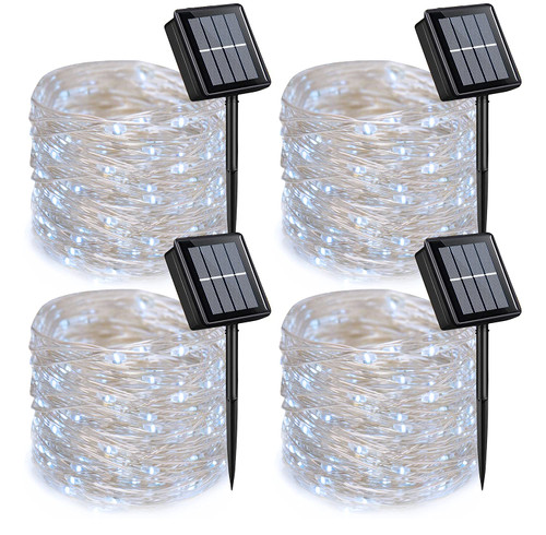 QITONG 4 Pack White Solar Fairy Lights, Each 33ft 100 LED Solar String Lights Outdoor Waterproof, 8 Modes Silver Wire Solar Christmas Twinkle Lights for Garden Yard Patio Fence Wedding Decoration