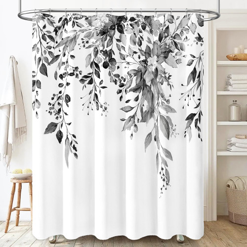BTTN Eucalyptus Plant Shower Curtain, Floral Weighted Fabric Shower Curtain Set with Plastic Hooks, Watercolor Leaves Botanical Natural Shower Curtains for Bathroom, 72x72, Black