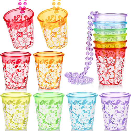 Weewooday 24 Pack Hibiscus Shot Glass Bead Necklace Shot Glass on Beaded Necklace Plastic Shot Glass Necklaces Hibiscus Necklace Luau Necklaces for Birthday Wedding Bachelorette Party Favors, 6 Colors