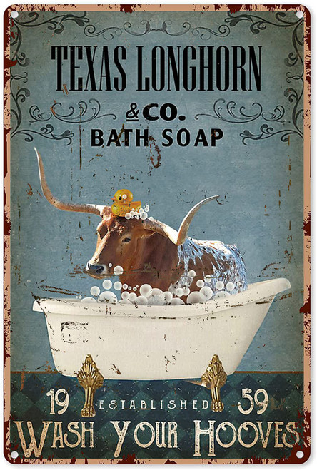 Bathroom Art Decor Vintage Bath Soap Texas Longhorn Wash Your Hooves Tin Sign Decoration Vintage Chic Metal Poster Wall Decor Art Gift for Kids Farmhouse Shelves 12x8 inch