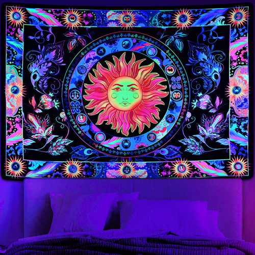 Lyacmy Blacklight Burning Sun Tapestry UV Reactive Flower Vines Tapestries Neon Floral Tapestry Mandala Constellation Tapestry Hippie Glow in the Dark Wall Hanging for Room(59.1 x 82.7 inches)