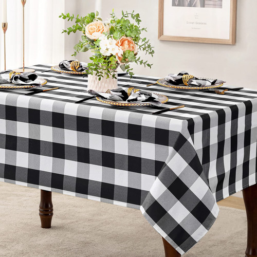 joybest Checkered Tablecloth - Wrinkle Resistant Waterproof Table Cloth Buffalo Plaid Washable Polyester Fabric Table Cover for Outdoor Picnic, Dinner and Party, Black and White, 60 x 104 Inch