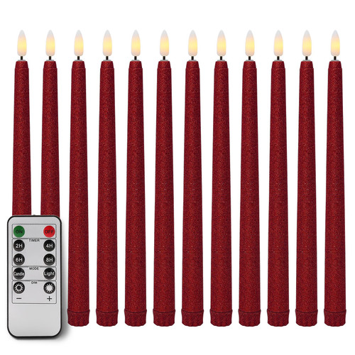 duduta Red Glitter Flameless Taper Candles with Remote Timer, Flickering LED Battery Operated Long Candlesticks 11 inch Set of 12
