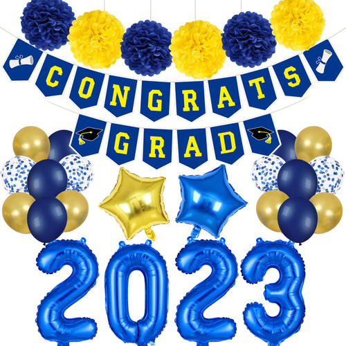 Blue and Yellow Congrats Grad Banner and 2023 Graduation Balloons, Congrats Grad Sign Decorations Congratulations Graduation Banner for Blue Yellow Congratulations Graduation Party Decorations 2023
