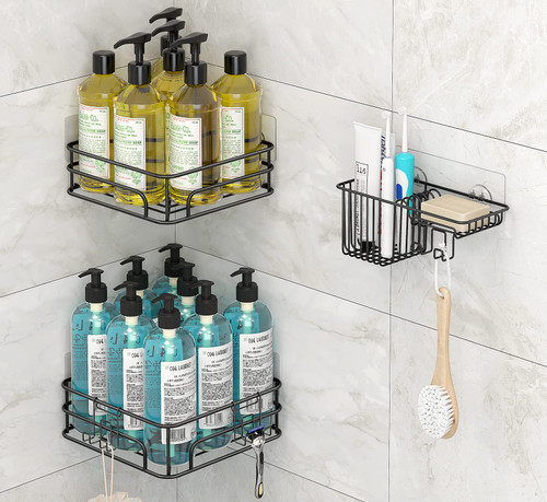 EZFurni Shower Caddy Corner, 3 Pack Shower Organizer Corner, Rustproof Shower Shelf for Inside Shower, Strong Adhesive Shower Racks with Razor Holders, Roomy Shower Storage for Bathroom, Black