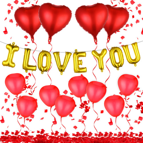 Romantic Valentine's Day Decoration Kit-Valentines Love Heart Balloons, I love you Foil balloons| 500 Red Rose Petals | 14Pcs Heart balloons for Romantic Valentine,Anniversary,Wedding Decoration
