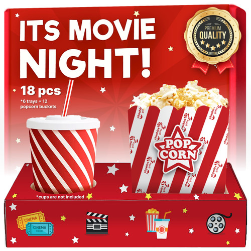 Movie Night Supplies 18 Pcs - Popcorn Buckets (12ct) & Movie Night Snack Trays (6ct) - Movie Theater Decor & Popcorn Bowls For Family Movie Night, Popcorn Bags Individual Servings & Movie Snack Trays Movie Night Supplies 18 Pcs - Popcorn Buckets (12ct) & Movie Night Snack Trays (6ct) - Movie Theater Decor & Popcorn Bowls For Family Movie Night, Popcorn Bags Individual Servings & Movie Snack Trays