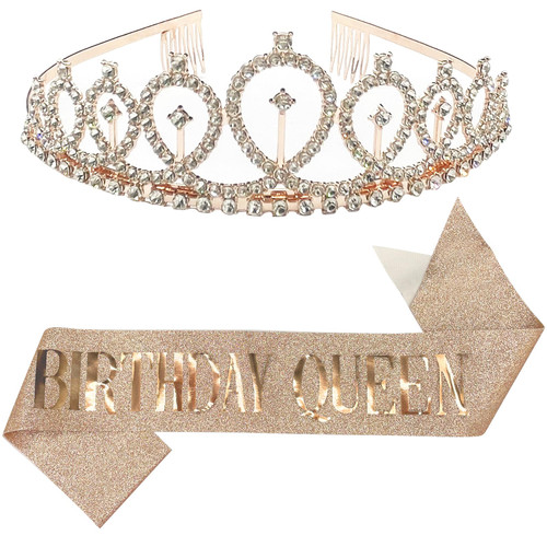 LLMSIX Birthday Queen Sash and Rhinestone Tiara Kit Birthday Sash Princess Tiara Rhinestones Princess Crown Birthday Sash and Tiara Birthday Queen Sash for Women Birthday Party Supplies (Rose Gold)