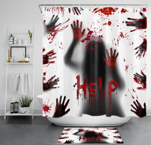 LB Horror Halloween Shower Curtain Sets with Rugs Scary Ghost Bloody Handprint Fabric Shower Curtain with Hooks Grey and White Bathroom Curtains Shower Set, 72x72 inches
