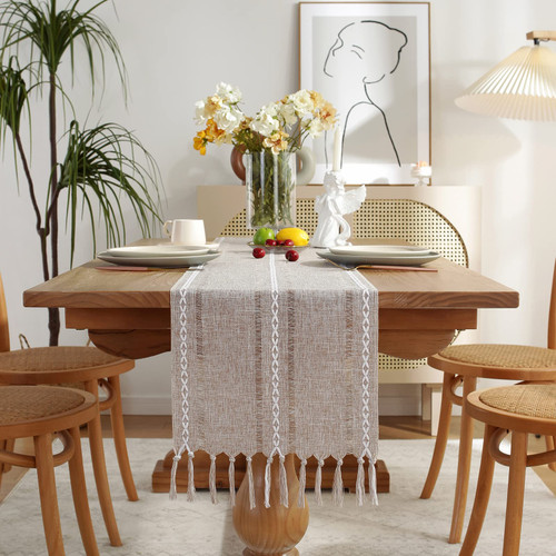 Cenebonxy Rustic Boho Table Runner, Linen Table Runner, Farmhouse Table Runners 48 Inches Long for Dining Table Decoration, 13x48 Inches, Light Coffee