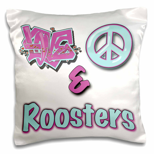 3dRose Love Peace and Roosters in Blue and Purple Pillow Case, 16 x 16
