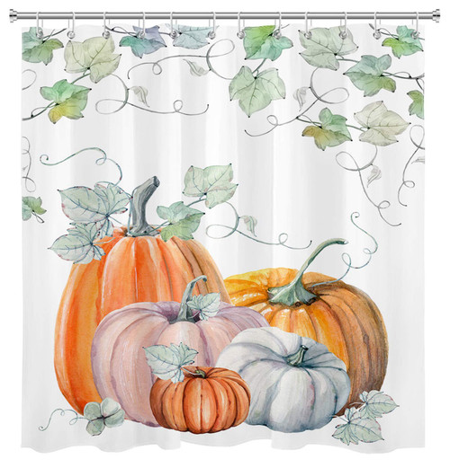 LB Autumn Pumpkin Shower Curtains for Bathroom Thanksgiving Harvest Watercolor Green Leaf Fall Shower Curtain Set with Hooks 72x78 inch Waterproof Polyester Fabric Decorations
