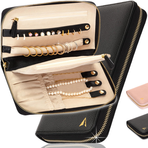 Slim Travel Jewelry Organizer Case Small - Jewelry Travel Organizer Foldable Roll Bag Zipper Pouch for Tangle Free Necklace, Earrings, Rings, Bracelets, Black Minimalist Portable Jewelry Travel Case