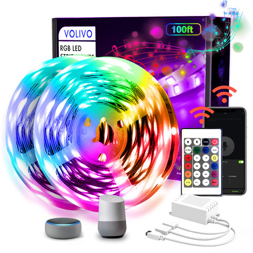 VOLIVO WiFi Smart Led Strip Lights 100ft Compatible with Alexa and Google Assistant, 2 Rolls of 50ft RGB Led Light Strip, Music Sync Color Changing Led Lights for Bedroom, Home, Kitchen, Party Decors VOLIVO WiFi Smart Led Strip Lights 100ft Compatible with Alexa and Google Assistant, 2 Rolls of 50ft RGB Led Light Strip, Music Sync Color Changing Led Lights for Bedroom, Home, Kitchen, Party Decors
