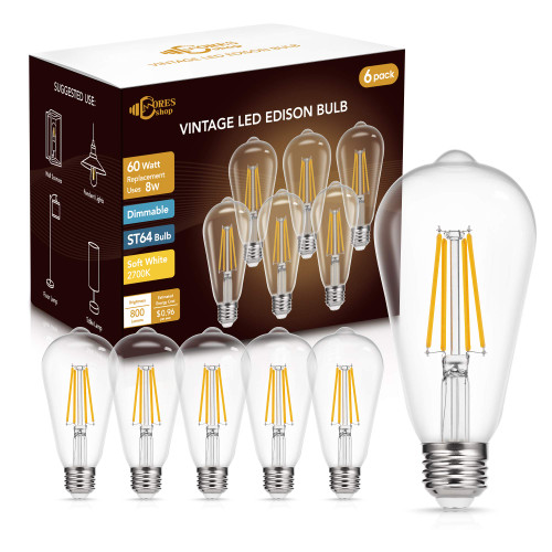 DORESshop Dimmable ST64 LED Edison Bulbs, 8W Vintage LED Edison Bulbs, Equivalent 60W, Warm White 2700K, 800LM, E26 Base Decorative LED Filament Bulbs for Cafe Patio, 6 Pack