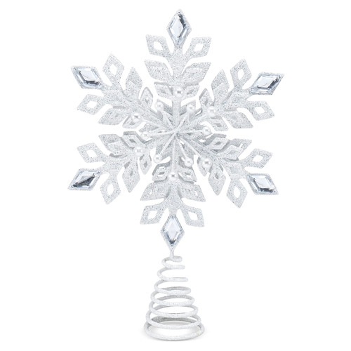 Ornativity Glitter Snowflake Tree Topper - White Sparkling Christmas Tree Decoration with Gem Design