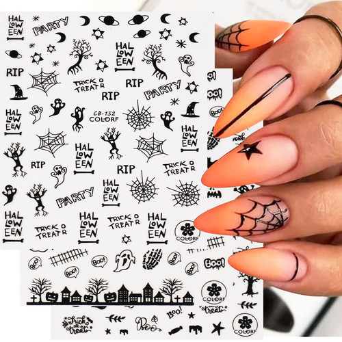 9 Sheets Halloween Nail Art Stickers, 3D Self Adhesive Nail Decals Pumpkin Ghost Nail Art Supplies Skull Bat Witch Nail Design Kit Halloween Stickers for Nail Horror DIY Nail Decals for Acrylic Nails