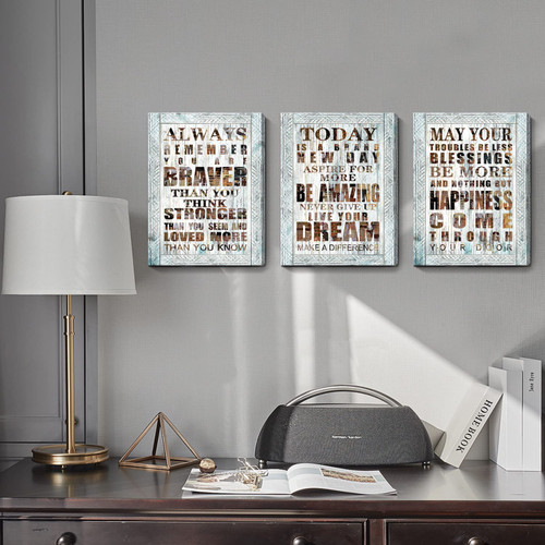 Inspirational Wall Art for Office 3 Piece Positive Life Quotes Wall Decor Motivational Canvas Print Rustic Wood Grain Framed Artwork for Farmhouse Home Bedroom Bathroom Living Room Classroom 12x16inch