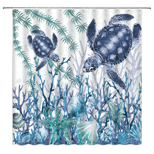 TFGGNDF Sea Turtle Shower Curtain Blue Animal Ocean Beach Coastal Nautical Starfish Seashell Corals Bathroom Decor Polyester Curtains with Hooks