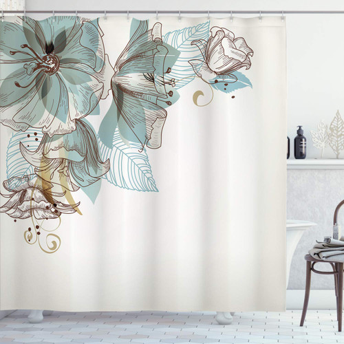 Ambesonne Flowers Shower Curtain, Buds Leaf at The top Left Corner Season Celebrating Theme Illustration, Cloth Fabric Bathroom Decor Set with Hooks, 69" W x 75" L, Blue Grey White
