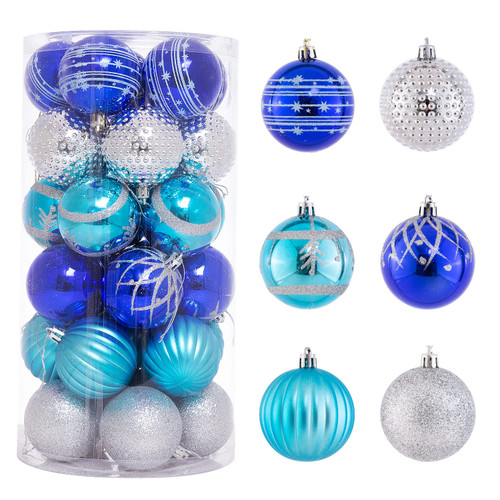 Azalon 60mm/2.36" Multicolor Christmas Balls, Shatterproof Plastic Hanging Ornaments, Christmas Wedding Holiday Party Decoration(Blue Silver 30ct)