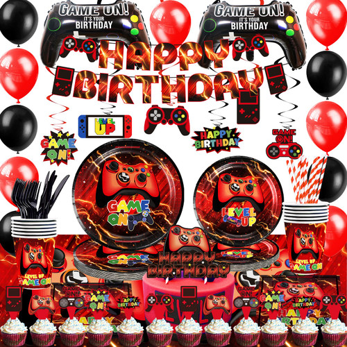 Red Video Game Party Supplies - 212Pcs Gamer Gaming Party Decoration For Boys Birthday Party - Table Cover, Plates, Cups, Napkins, Utensils, Hanging Swirls, Birthday Banner, Cupcake, Topper Cake Topper & Balloons Serves 16 Guests Red Video Game Party Supplies - 212Pcs Gamer Gaming Party Decoration For Boys Birthday Party - Table Cover, Plates, Cups, Napkins, Utensils, Hanging Swirls, Birthday Banner, Cupcake, Topper Cake Topper & Balloons Serves 16 Guests