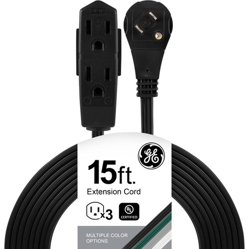GE 3-Outlet Flat Extension Cord 15 Ft Grounded Extension Cord with Multiple Outlets 3 Prong Outlet Extender Flat Plug Power Strip Indoor Extension Cord 16 Gauge UL Listed Black 56987