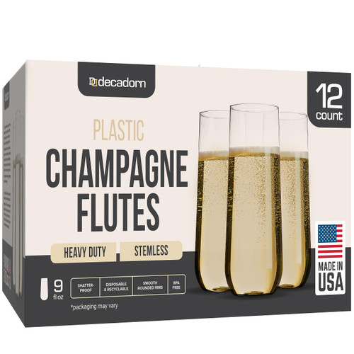 DECADORN Plastic Champagne Flutes Disposable 12 Pack - 9oz Plastic Champagne Glasses - Clear Stemless Champagne Flutes Plastic - Mimosa Glasses Plastic - Disposable Champagne Flutes For Parties