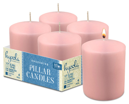 Hyoola Light Pink Pillar Candles 2x3 Inch - 4 Pack Unscented Pillar Candles Bulk - European Made