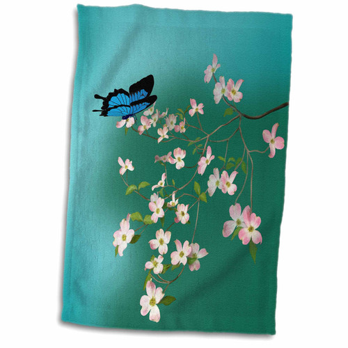 3dRose Print of Palm Tree Beach Chair and Umbrella On Turquoise Towel, 15" x 22", White