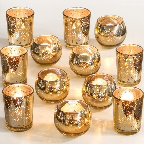 Gold Votive Candle Holders 12Pcs Assorted Gold Mercury Glass Votives Tealight Candle Holder Gold Candle Holders for Table Centerpiece Wedding Bridal Shower Engagement Party Festival Holiday Home Decor