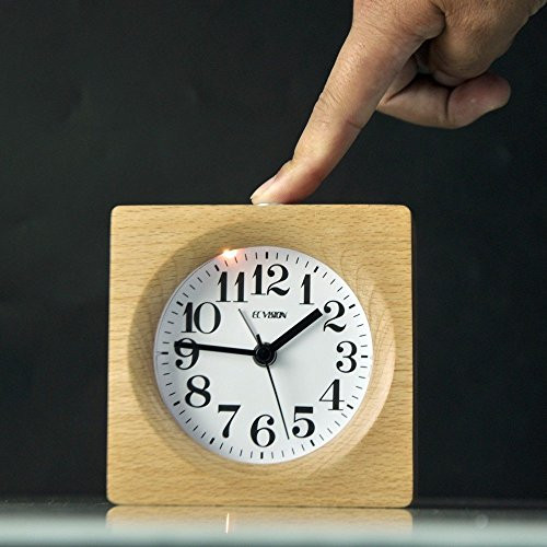 ECVISION Handmade Alarm Clock Classic Small Square Silent Table Snooze Zelkova Clock Beech Wood Travel Clock with nightlight (Light Woodgrain)