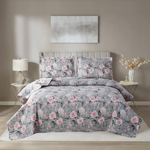 Quilt Set Queen/Full Size Floral Quilt Bedspread Summer Lightweight Quilt Reversible Bedding Grey Leaves Pink Floral Bedspread Coverlet Soft Home Quilt Collections Bedding