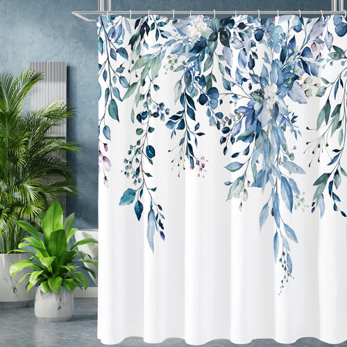 Gibelle Blue Eucalyptus Shower Curtain, Watercolor Plant Leaves with Floral Bathroom Shower Curtain Set with Hooks, 72x72 Gibelle Blue Eucalyptus Shower Curtain, Watercolor Plant Leaves with Floral Bathroom Shower Curtain Set with Hooks, 72x72