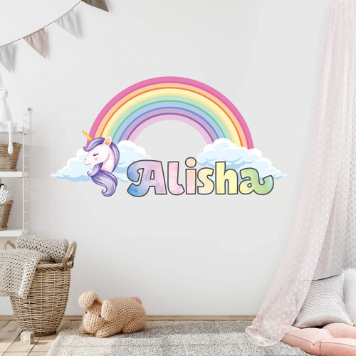 Rainbow Wall Decals, Personalized Name Wall Decal, Custom Name Unicorn Wall Art Stickers, Magic Pastel Rainbow Unicorn Mural Wall Decal for Kids Bedroom Girls Nursery Decor