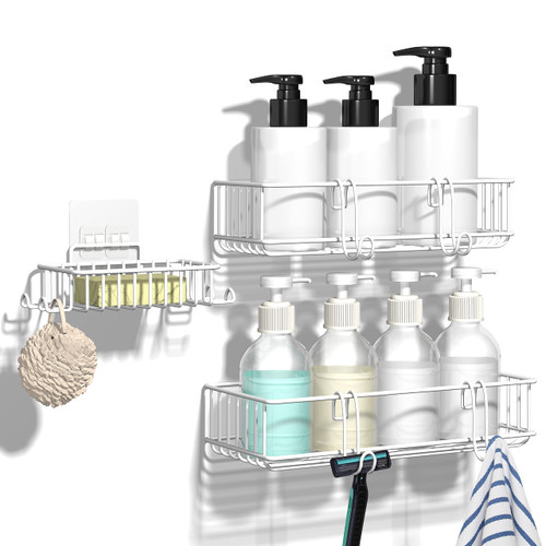 TONLEA Shower Caddy, Shower Organizer for Bathroom, 3-Pack Rustproof Stainless Steel Shower Shelves with Soap Dish and 4 Hooks for Bathroom Storage, Adhesive or Drilling Kitchen Organization, White