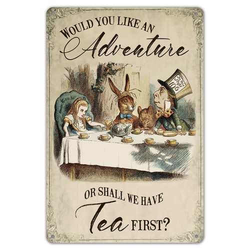Wallors Unique Plaques Poster for Bar Garage Man Cave Home Wall Decor Alice in Wonderland - Shall we Have Tea First Tin Sign 8 x 12 Metal Signs Vintage Funny Wallors Unique Plaques Poster for Bar Garage Man Cave Home Wall Decor Alice in Wonderland - Shall we Have Tea First Tin Sign 8 x 12 Metal Signs Vintage Funny