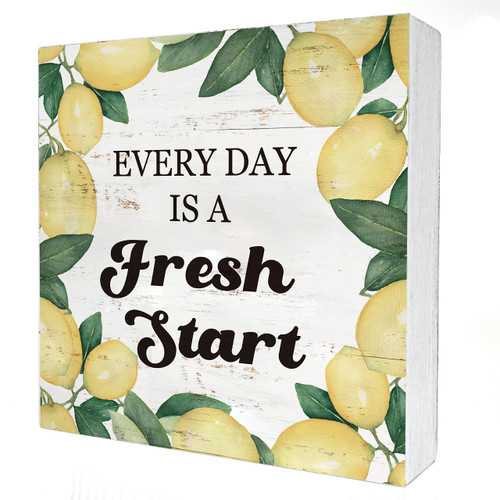Positive Wooden Box Sign Desk Decor Every Day is a Fresh Start Lemon Wood Block Plaque Box Signs with Quotes Rustic Box Sign for Home Kitchen Shelf Table Decoration (5 X 5 Inch)