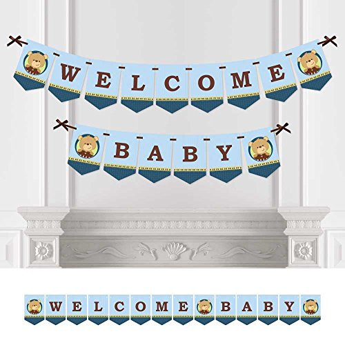 Big Dot of Happiness Baby Boy Teddy Bear - Baby Shower Bunting Banner - Blue Party Decorations - Welcome Baby