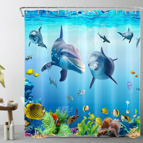 LB Dolphin Shower Curtain for Bathroom,Marine Life Tropical Fish and Coral in Blue Ocean Fabric Shower Curtain with Hooks,Underwater World Bathroom Curtains Shower Set, 72x72 inches LB Dolphin Shower Curtain for Bathroom,Marine Life Tropical Fish and Coral in Blue Ocean Fabric Shower Curtain with Hooks,Underwater World Bathroom Curtains Shower Set, 72x72 inches