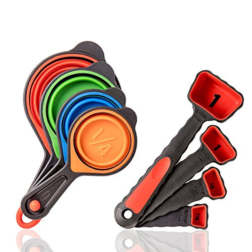 KaraMona Silicone Measuring Cups And Spoons Set Engraved Measurement 8 Pcs, Collapsible Measuring Cups Set & Measuring Spoons Set, Stackable Measuring Cups and Spoons Set