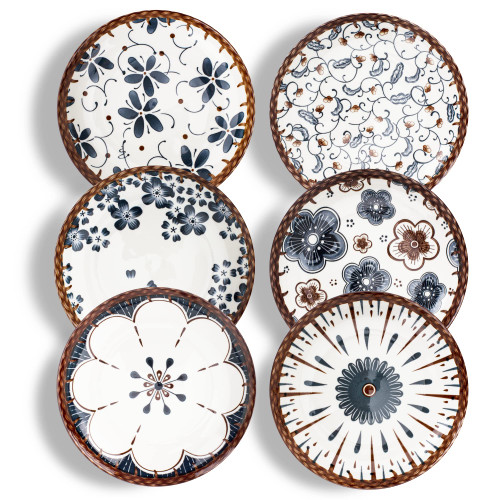 XINLTC Dinner Plates Set of 6, Vintage Ceramic Dessert Plates, 8 Inch Appetizer Plates for Kitchen, Floral Plates Serving Plates for Cake Snacks Side Dish Pasta, Microwave Dishwasher Safe